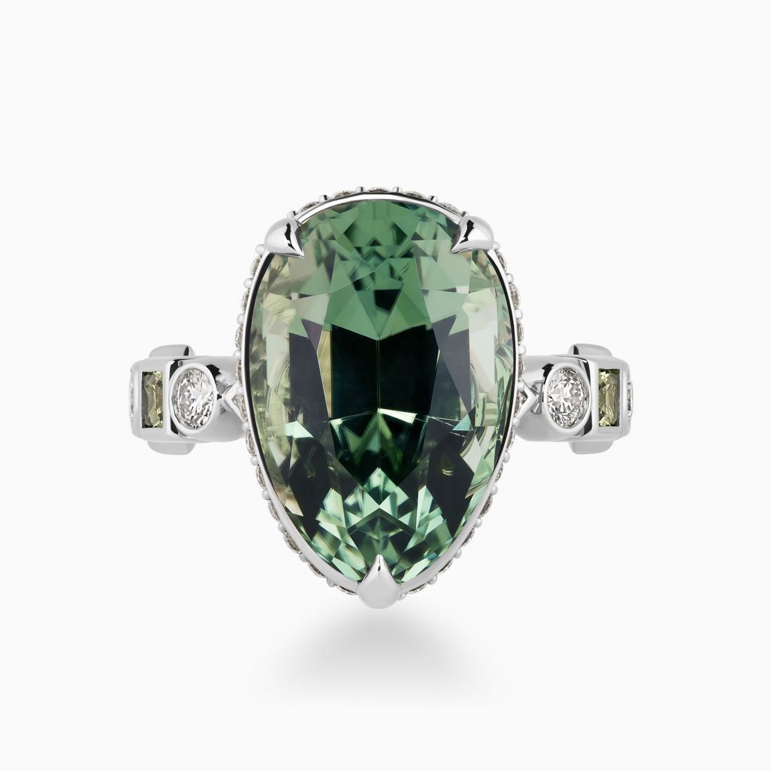 Pear Cuprian Ring with Multi Shaped Diamonds