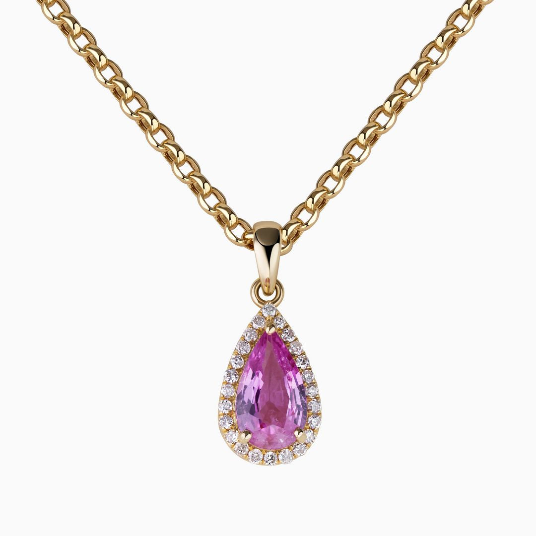 Pink Sapphire Pear Pendant with Pave Diamond Halo