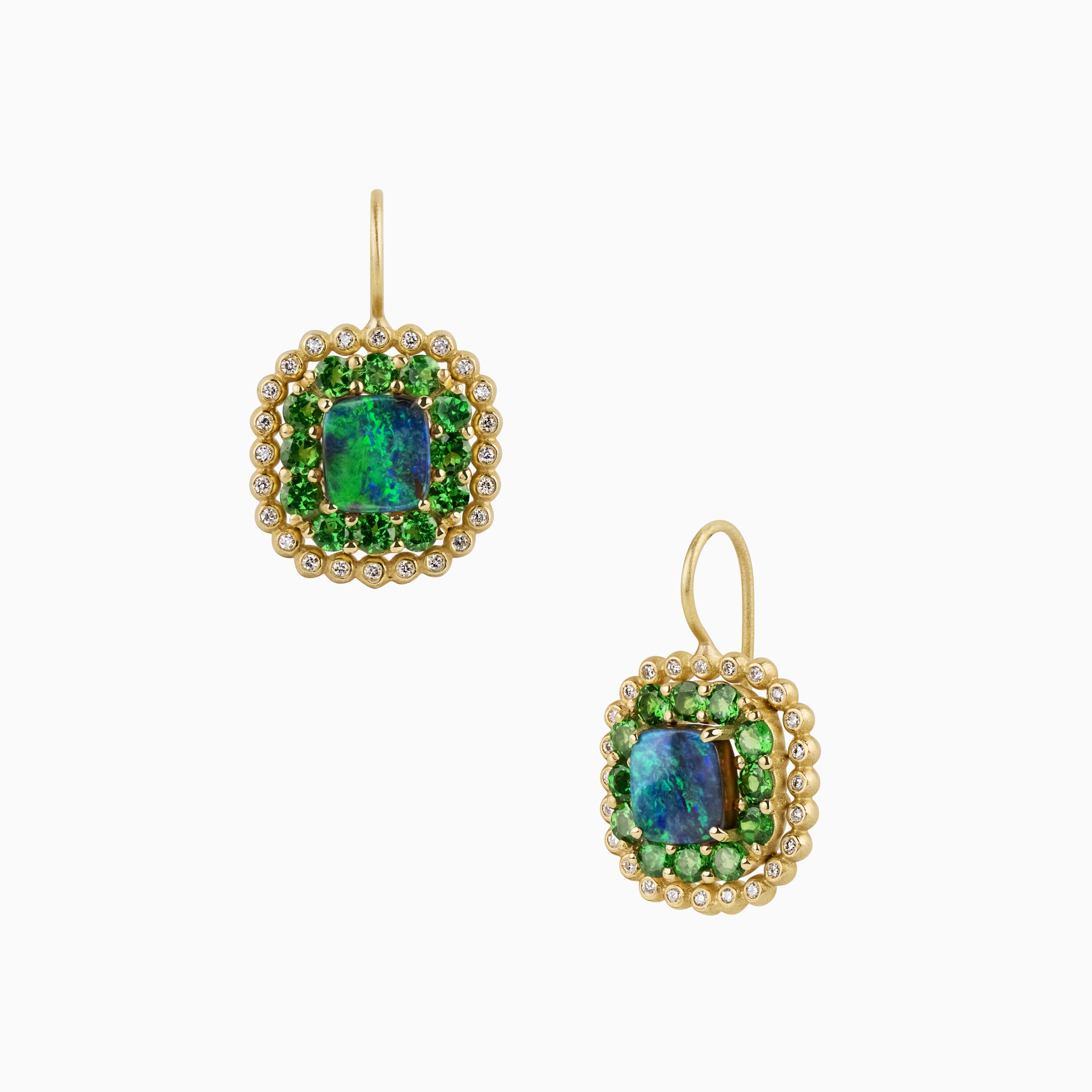 Short Drop Australian Opal Earrings with Diamonds and Tsavorite